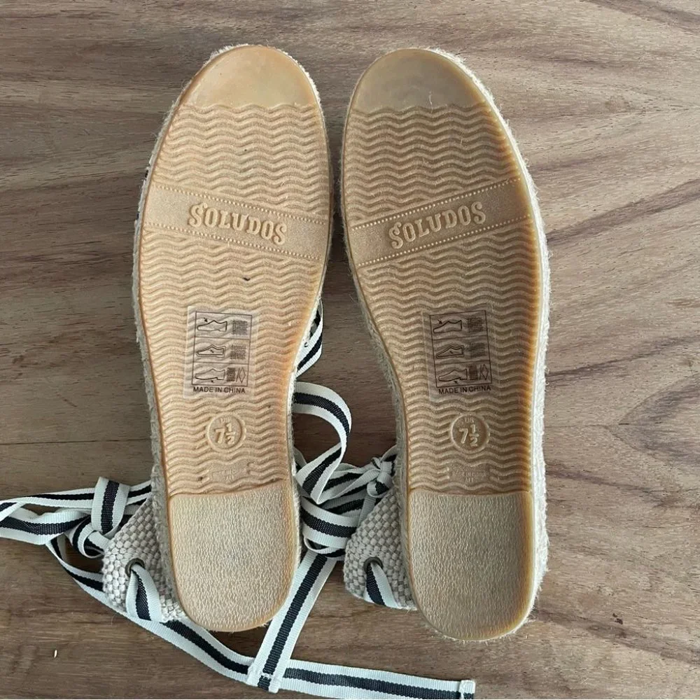 ❌SOLD❌SOLUDOS Lace-up flat espadrille shoes black cream stripe nautical size 7.5 - Picture 7 of 12